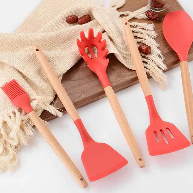 Utensílios de cozinha silicone antiaderente de qualidade alimentar, espátula, colher, cabo de madeira, ferramenta prática para cozinhar.