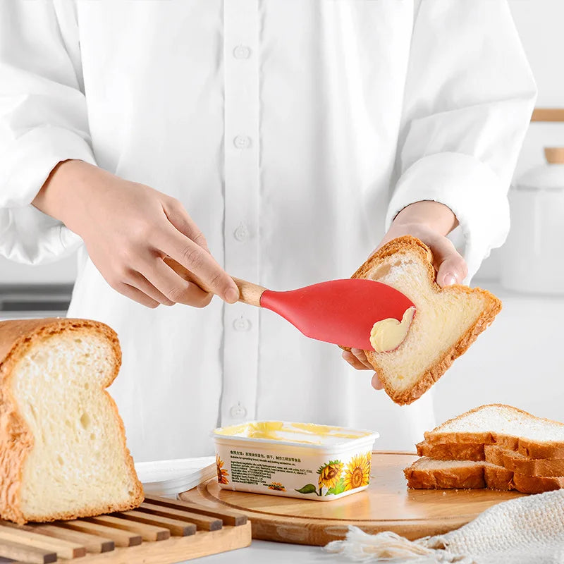 Utensílios de cozinha silicone antiaderente de qualidade alimentar, espátula, colher, cabo de madeira, ferramenta prática para cozinhar.